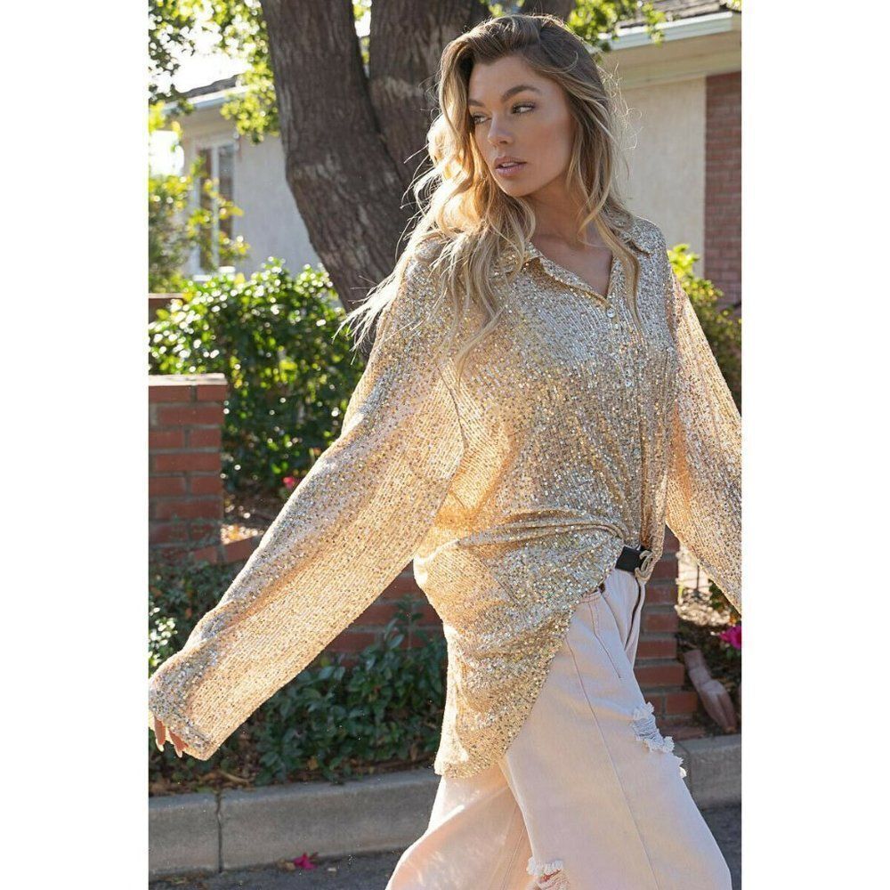 POL CLOTHING GOLD BEIGE SEQUIN BUTTON UP SHIRT BEACH COVER UP SPARKLY CUTE NEW - Picture 9 of 11